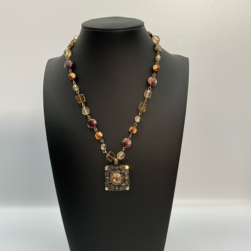 Sade Design Necklace Beaded Multi-Color Boho Style with Square Pendant